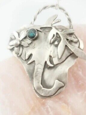 TURQUIOSE BOHEMIAN ELEPHANT NECKLACE HANDMADE IN STERLING SILVER W/ 18" SS CHAIN